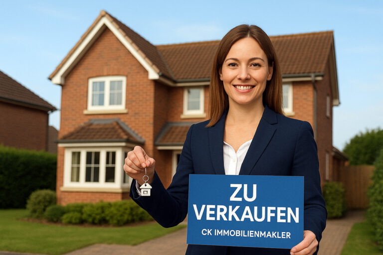 Immobilienmaklerin mit Schild "Zu verkaufen"